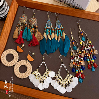 GUSIRI Mới Trung Quốc Thiết Kế Niche Cao Cấp Phong Cách Dân Tộc Bông Tai Retro Tính Khí Dài Lông Vũ Xanh Tua Rua Móc Tai