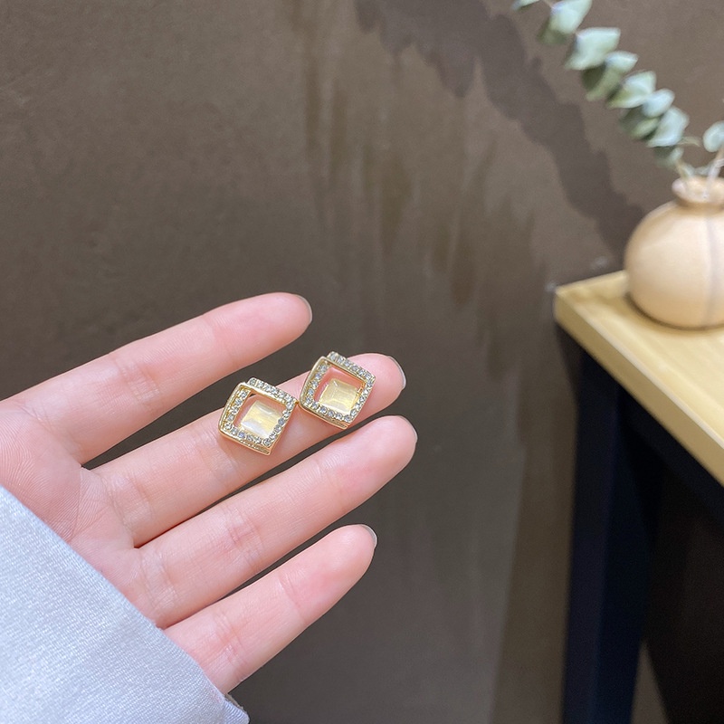 Bông Tai Mạ Bạc 925 Hình Vuông Đính Kim Cương Toàn Diện Phong Cách retro Hàn Quốc Cho Nữ