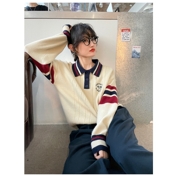 Zwqfp Áo Len Rộng Cổ polo Phong Cách preppy