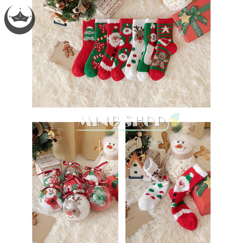 Ming Vớ Lông Cừu San Hô Ấm Áp Hình Ông Già Noel Tuần Lộc Giáng Sinh