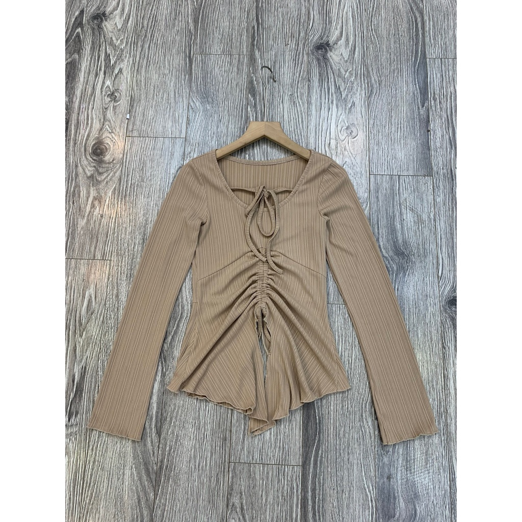 Áo thun gân tăm xẻ giữa rút dây viền xoè A2865 SUSSTORE