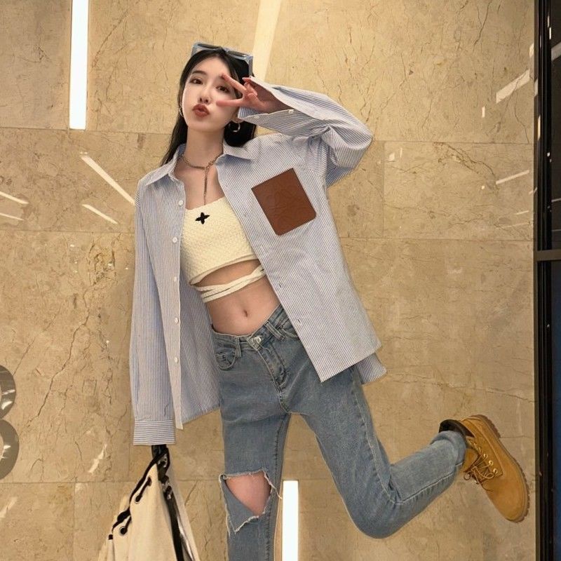 QMBJ LOEWE new leather label logo shirt men's and women's same style poisoned striped light luxury shirt advanced