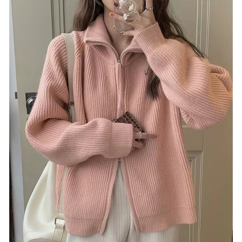 Áo Khoác Len Dệt Kim Phối Khóa Kéo Phong Cách retro Thời Trang Dành Cho Nữ