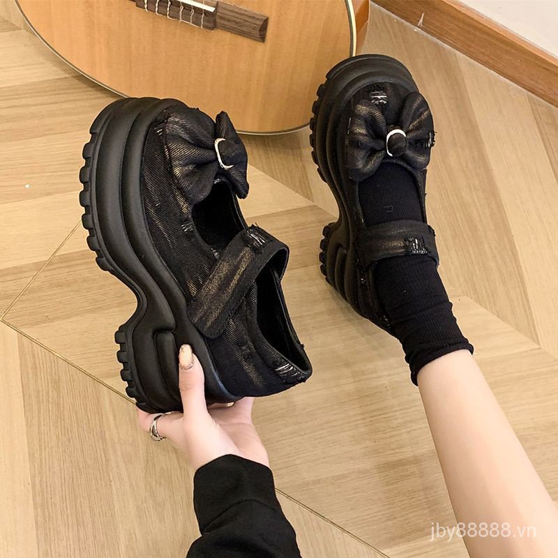 Giày Loafer denim Đế Dày Thắt Nơ Phong Cách Mới Mùa Thu 2023