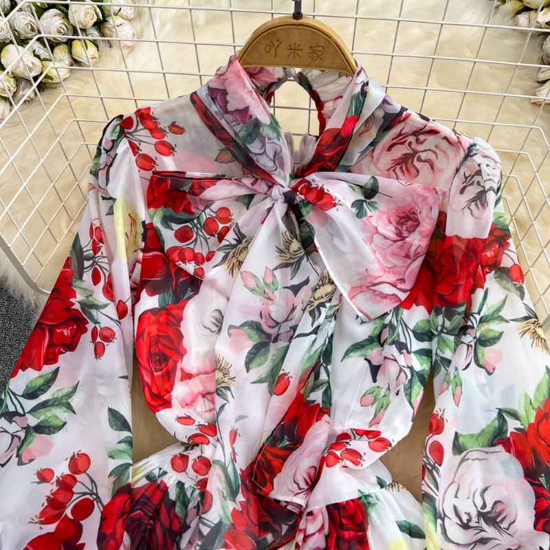 Đầm chiffon Chữ a Tay Dài Cổ Thắt Nơ Eo Cao In Họa Tiết vintage Thanh Lịch Thời Trang Xuân Hè Dành Cho Bạn Nữ