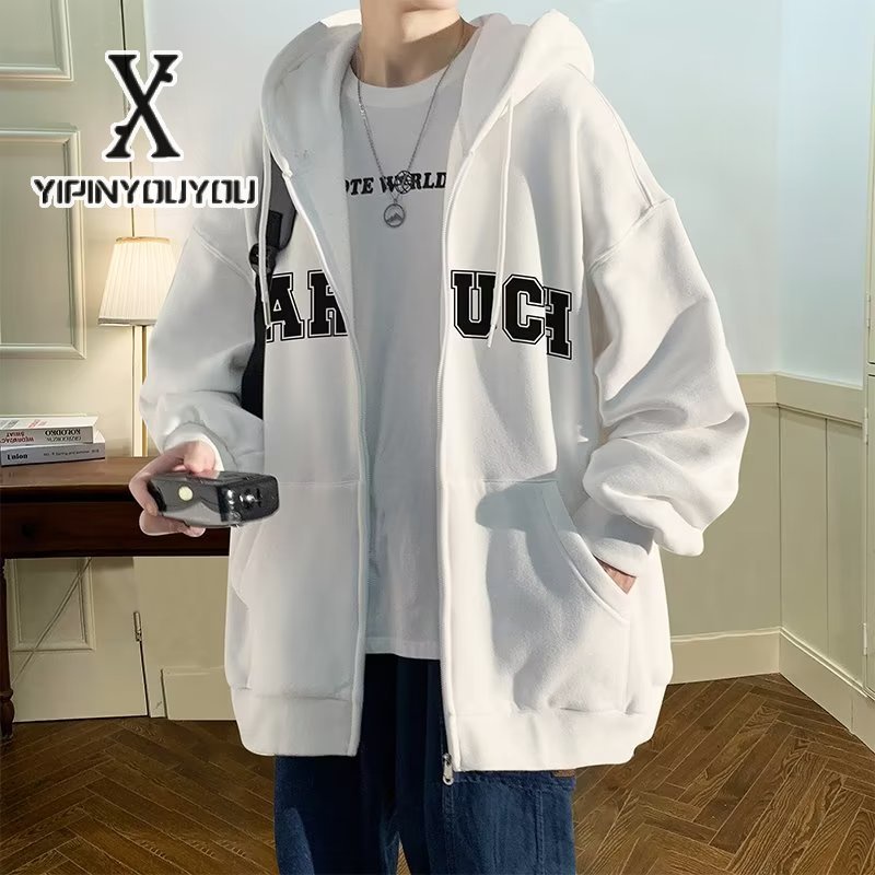 YIPINYOUYOU Áo Khoác Hoodie Dày Dáng Rộng Phối Khóa Kéo Kiểu Mỹ Cá Tính Cho Nam