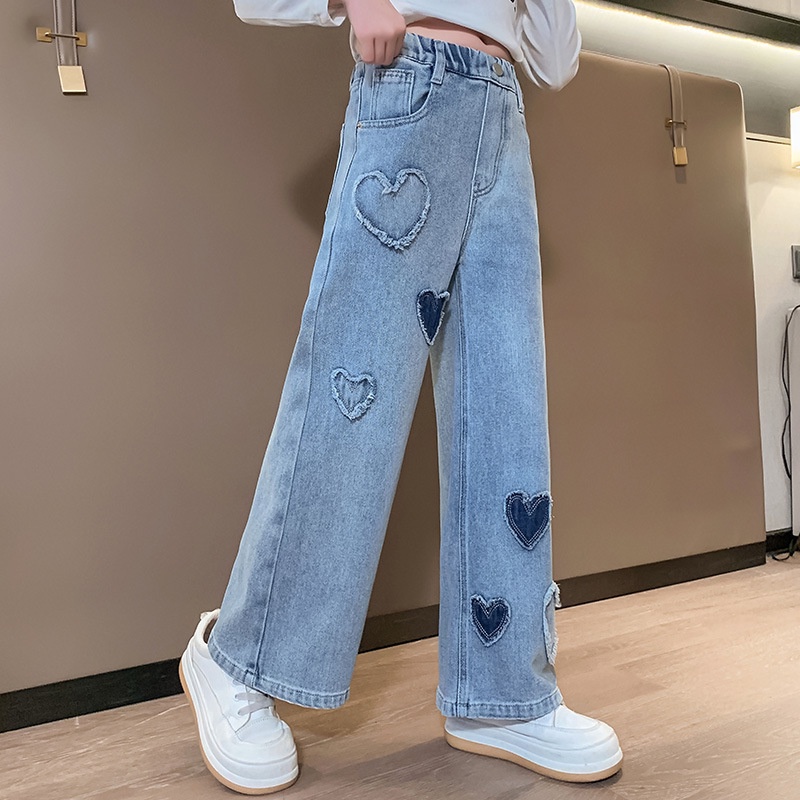 IQ Angel Quần denim Ống Rộng Viền Thô Hình Trái Tim Cho Bé Gái Trung Niên Và Người Lớn Tuổi