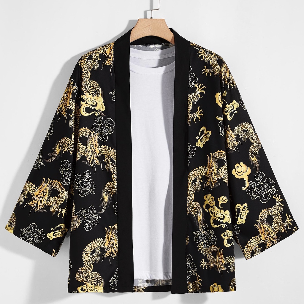 Áo kimono Nhật Bản Dài Tay Dáng Rộng In Hình Rồng Toàn Diện Thoải Mái Cho Nam