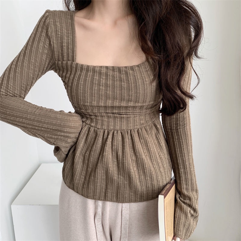 Áo Thun Tay Dài Cổ Vuông Dáng Ôm Thời Trang Xuân Thu Cho Nữ