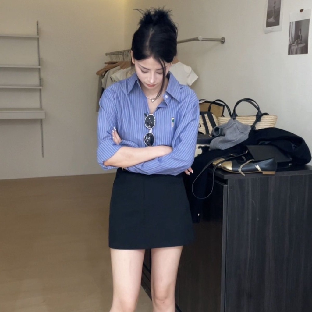 Miss wei Áo Sơ Mi Dệt Kim Tay Dài Kẻ Sọc Dáng Ngắn Dễ Phối Đồ Phong Cách Hàn Quốc Thời Trang Mùa Thu Cho Nữ