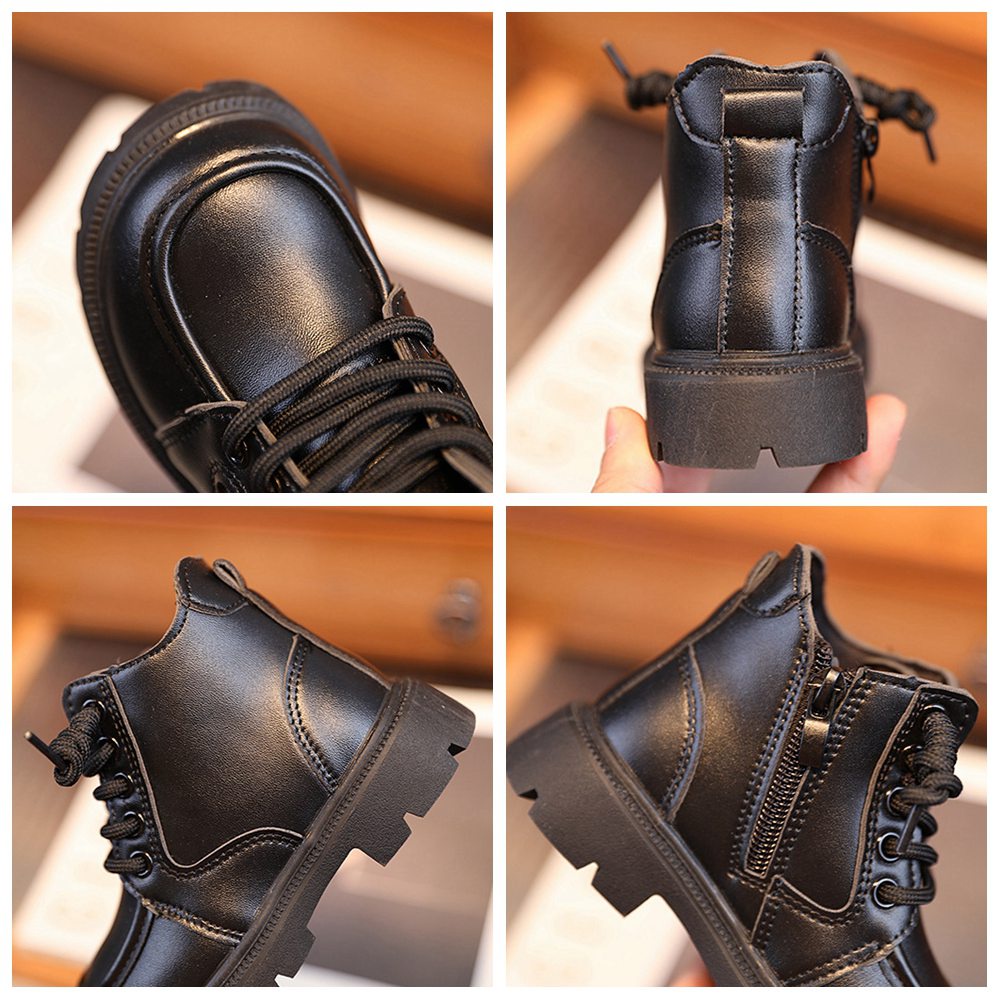 Giày Bốt Da Mềm Màu Đen Cá Tính Cho Bé Trai