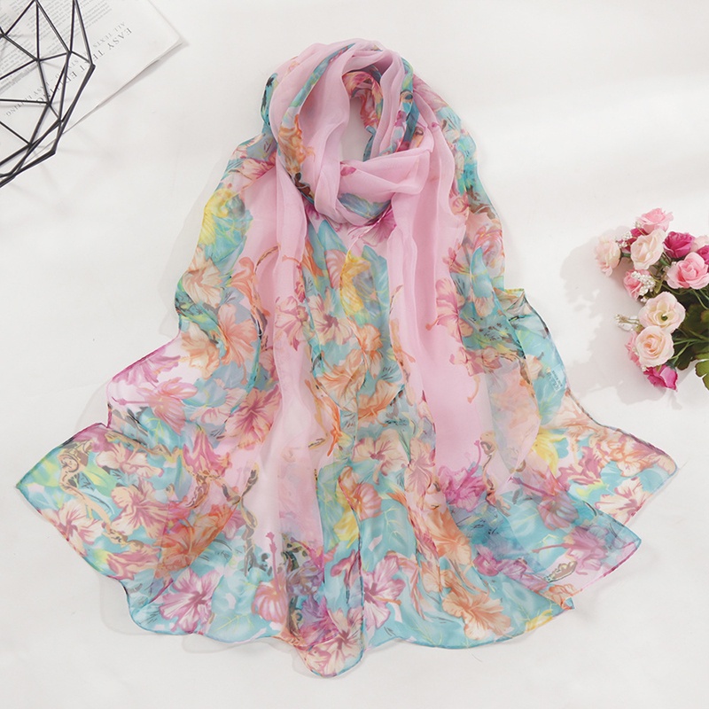 1 Khăn Choàng chiffon Mềm In Họa Tiết Hoa Lá Màu gradient 160 * 50cm