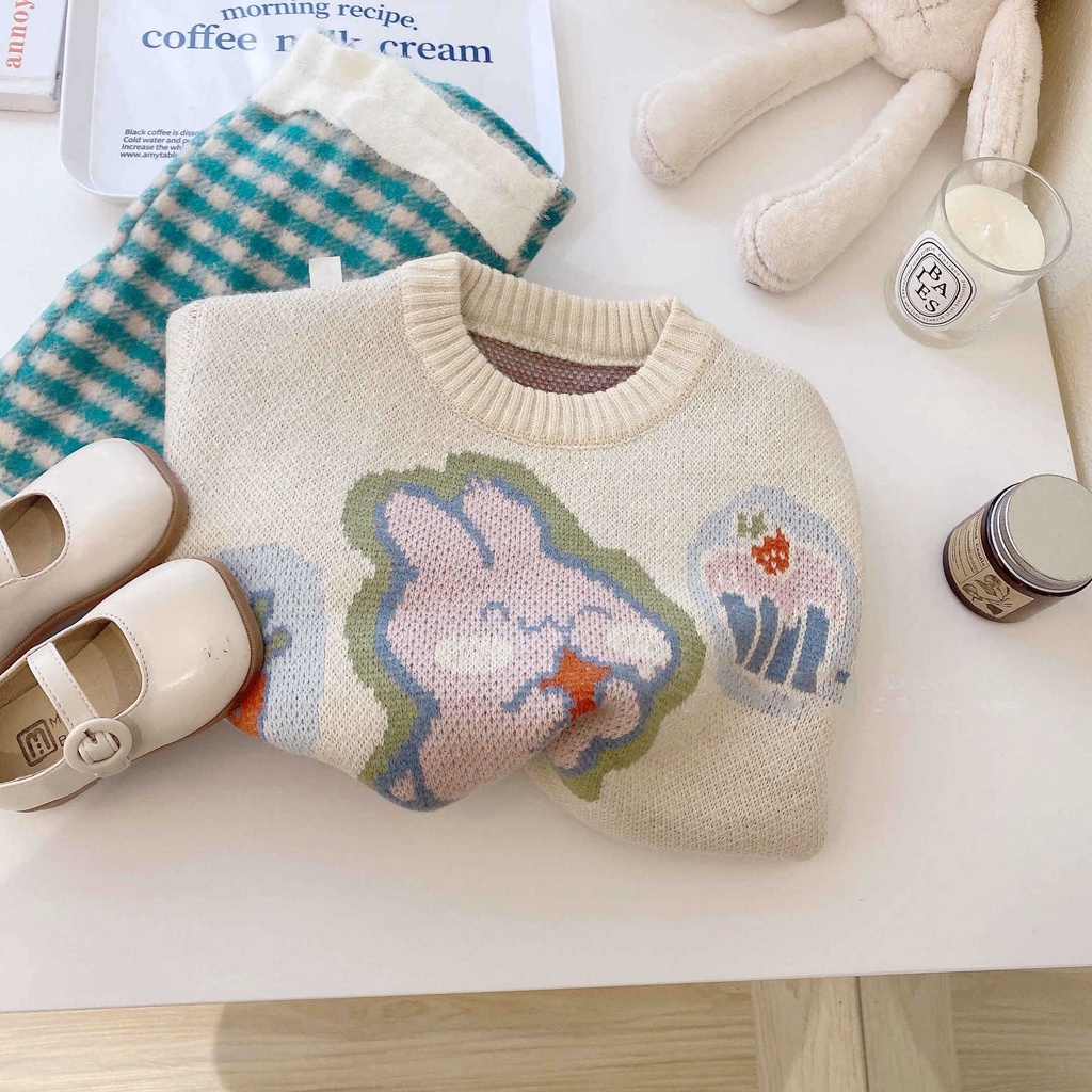 Aiyaya Bộ Áo sweater Dệt Kim In Thỏ Hoạt Hình Phối Quần Dài Thời Trang Thu Đông Cho Bé Gái（1016 ）