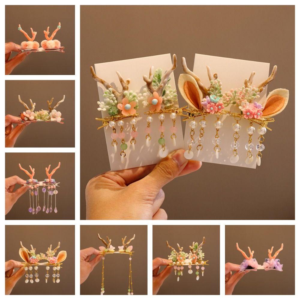 Moocho1 Kẹp Tóc Tua Rua Hình Sừng Hươu Hoa Phong Cách Cổ Điển Cho Bé Gái