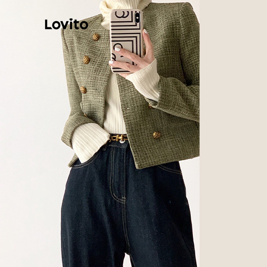 Áo blazer Lovito phối túi cài nút đôi màu trơn thường ngày cho nữ LNA16055 (Màu xanh lá quân đội)