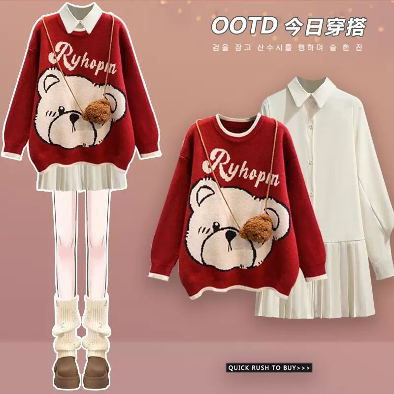 Đầm sweater Cổ polo In Họa Tiết Gấu Màu Đỏ Phong Cách Thời Trang Thu Đông 2023#0921#