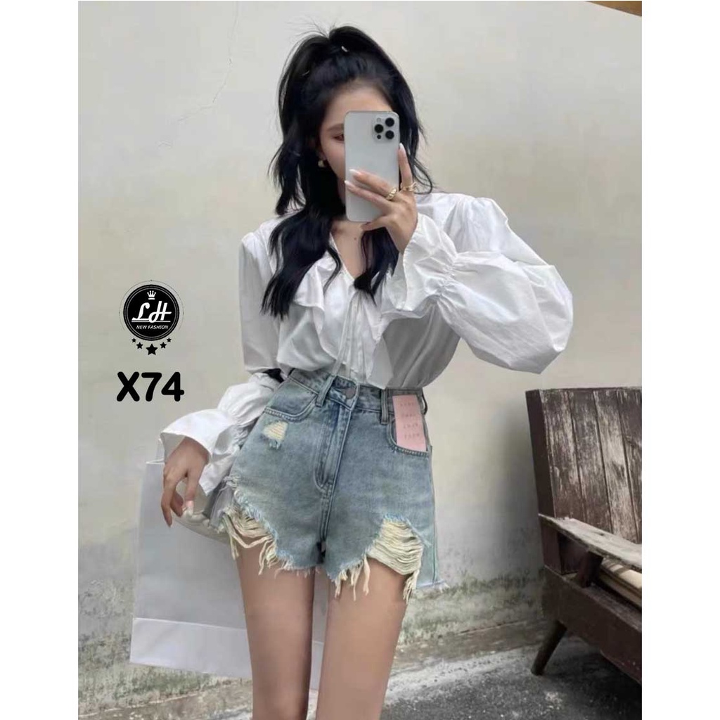 Quần short jean nữ màu xanh rách lai tag hồng cạo cao đơn giản Lê Huy Fashion MS X74