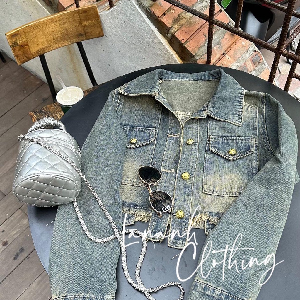 Áo khoác jean croptop QC phối rách màu xanh rêu - 77010 Ảnh thật shop chụp