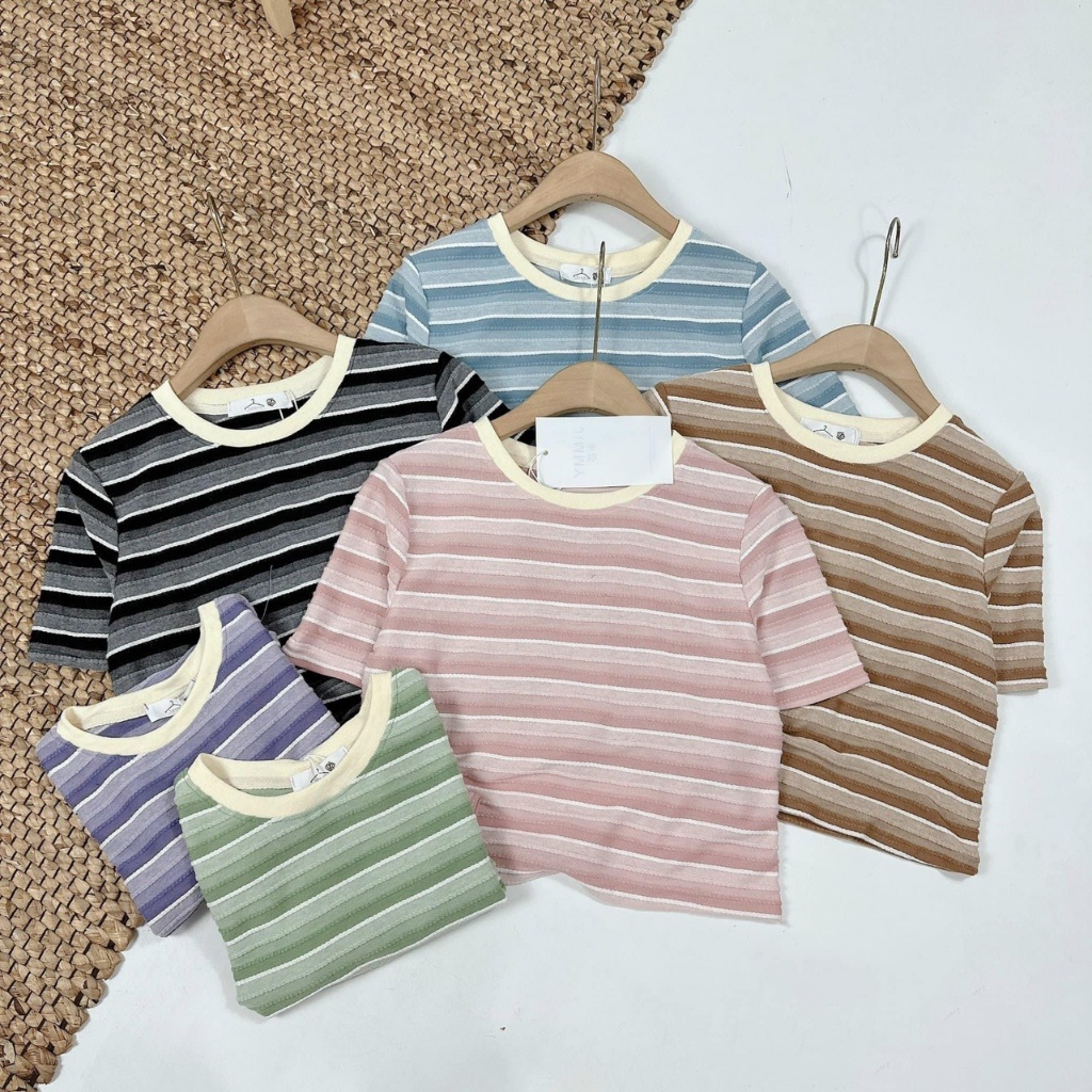 Áo thun croptop nữ tay ngắn cổ tròn kẻ sọc màu sắc hàng Quảng Châu chất cotton, áo phông mùa hè thời trang hàn 702 5