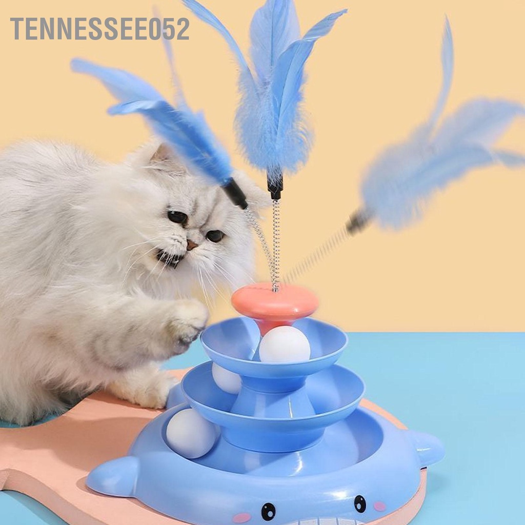 Tennessee052 Đồ chơi bóng bàn xoay cho mèo 3 cấp độ tương tác làm giảm sự nhàm chán của con tháp lăn đồ với thanh lông vũ và quả