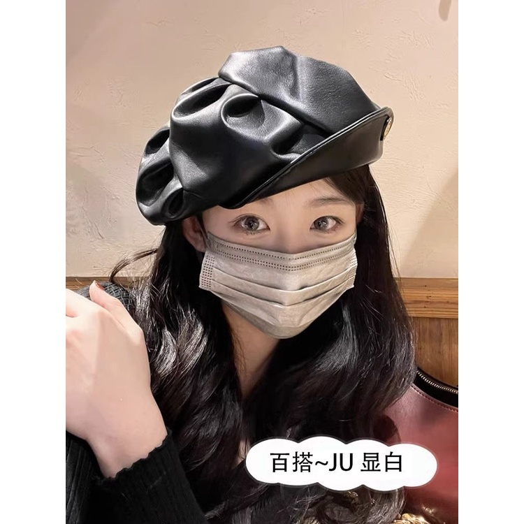 Mũ beret Da Màu Đen Xếp Ly Phong Cách retro Hàn Quốc Dễ Phối Đồ Cho Nữ