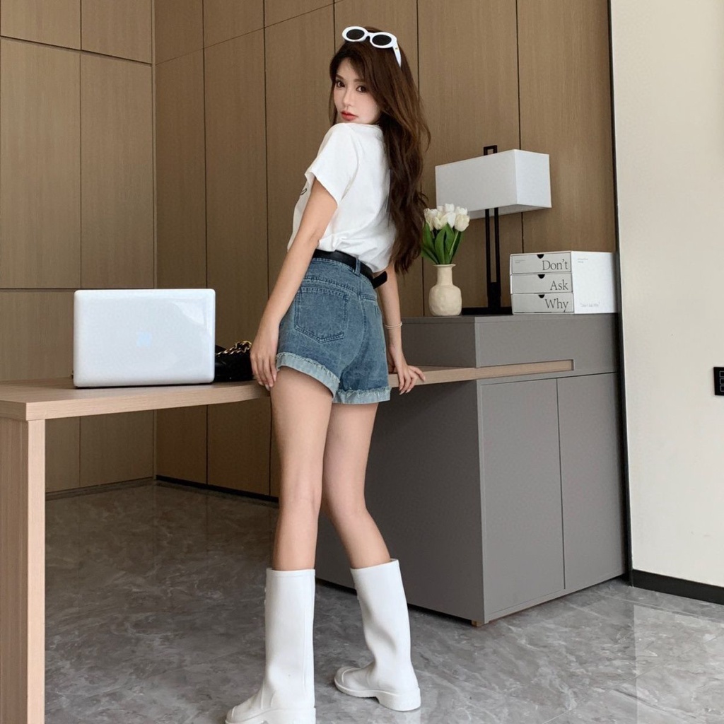 Quần Short jeans Lưng Cao Thêu Chữ Thời Trang Cho Nữ