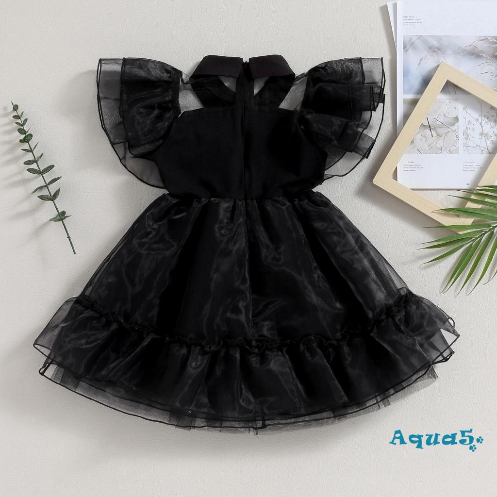 Aqua-đầm Xòe Chữ a Màu Đen Cổ Bẻ Tay Phồng Hóa Trang halloween Cho Bé Gái