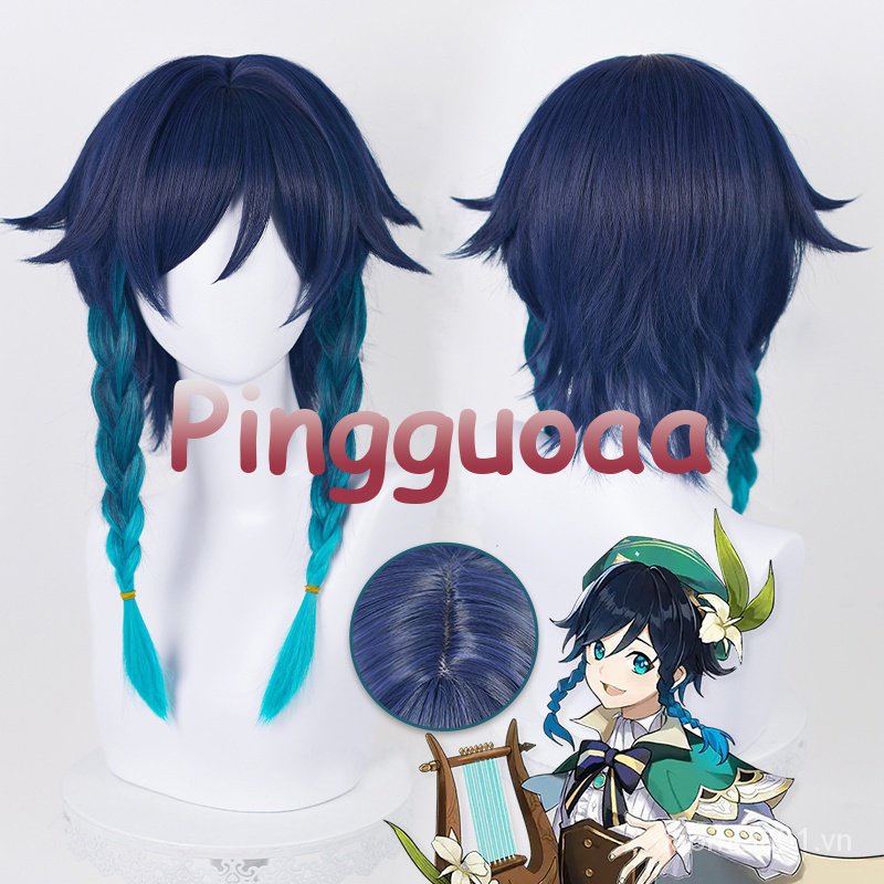 Manmei Genshin Impact Venti Cosplay Wig Unisex 42cm Blue Gradient Braid Wigs Heat Resistant Synthetic Scalp Hair Halloween TQDW
