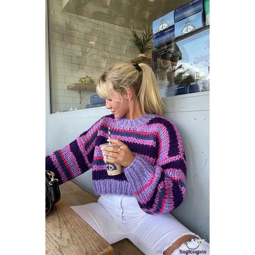 Áo sweater Tay Dài Cổ Tròn Dáng Rộng Phối Màu Cầu Vồng Phong Cách vintage linglongxi2
