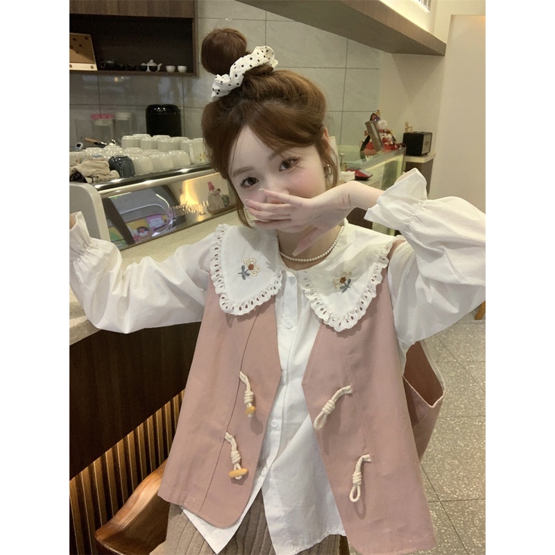 Áo Sơ Mi Tay Dài Dáng Rộng Cổ Búp Bê Thêu Họa Tiết Phong Cách retro Thời Trang Mùa Thu Cho Nữ