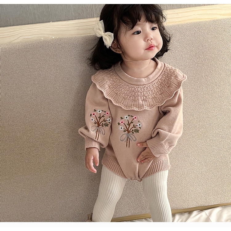 Áo Len Dệt Kim Tay Dài Cổ Bèo Thêu Hình Đáng Yêu Cho Bé Gái