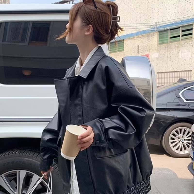 Áo Khoác Da Tay Dài Màu Trơn Phong Cách Hồng Kông Thời Trang Xuân Thu Cho Nam Và Nữ