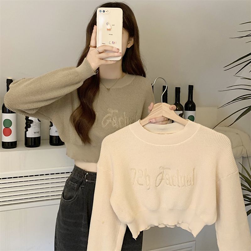 Áo sweater Tay Dài Cổ Tròn Eo Cao Thêu Chữ Thời Trang Xuân Thu Cho Nữ