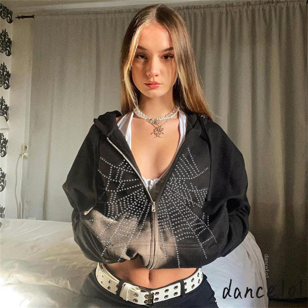 Áo Hoodie Tay Dài Có Khóa Kéo In Hình Nhện Đính Đá 1O1 Thời Trang Cho Nữ