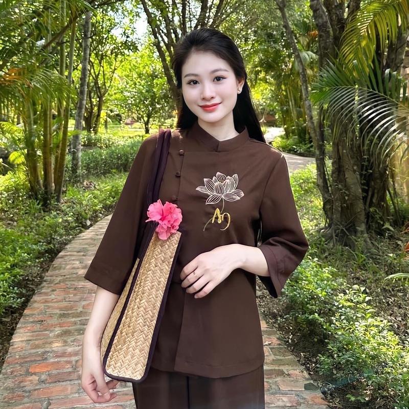 Đồ lam thêu chữ AN hoa sen nút gài cao cấp