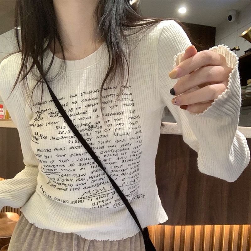 Sinransinya Áo Thun Tay Dài Hở Vai In Chữ Phong Cách Ngọt Ngào Thời Trang Mùa Thu Cho Nữ