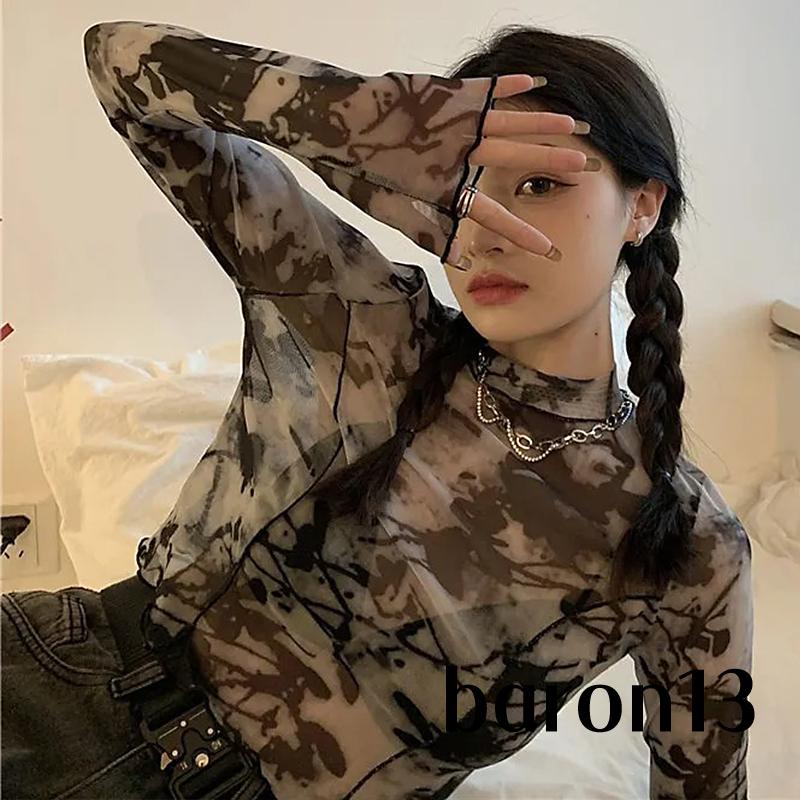 Xo8k-áo Croptop Tay Dài Cổ Thuyền Phối Lưới In Họa Tiết Trừu Tượng Cho Nữ