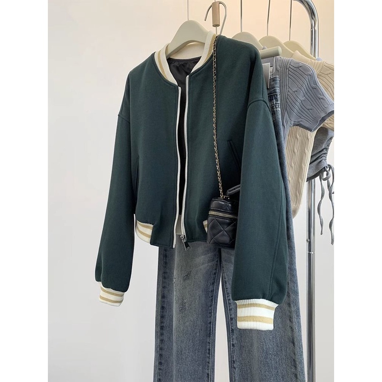 Áo Khoác Bóng Chày Dáng Ngắn Màu Đen Phong Cách retro Cho Nữ