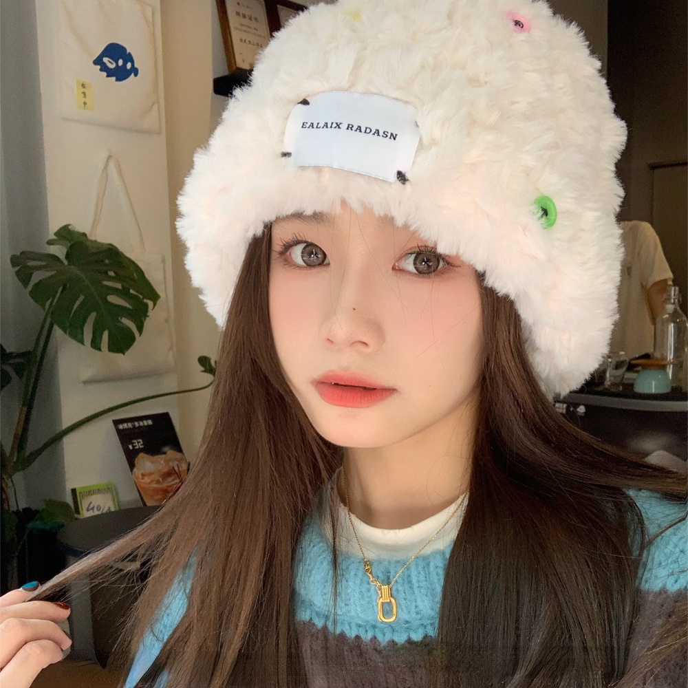 Plus Mũ bucket Dệt Kim Phối Lông Nhung Phong Cách Thời Trang Hàn Quốc