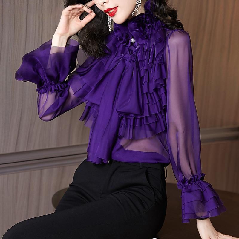 Áo Sơ Mi Voan Phối Bèo Thắt Nơ Xinh Xắn Thời Trang Cho Nữ