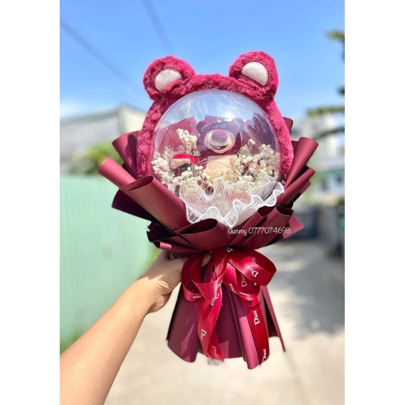 Bó hoa gấu dâu bóng mica kèm cài tóc siêu xinh tặng 14/2, 8/3... tặng ô tô