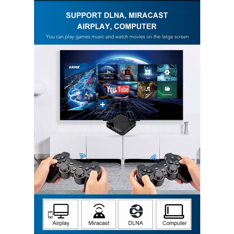 Máy Chơi game mini m8 Kết Nối wifi hd 4k Cho android tv 10 s905 64gb 10000 game 4g