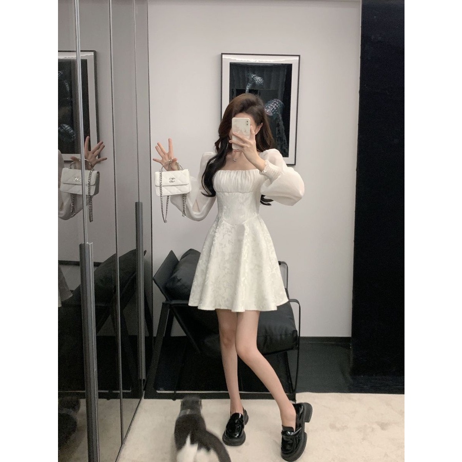 Đầm Cổ Vuông Tay Dài Phong Cách Pháp Thời Trang Xuân Thu 2023 Mới Cho Nữ