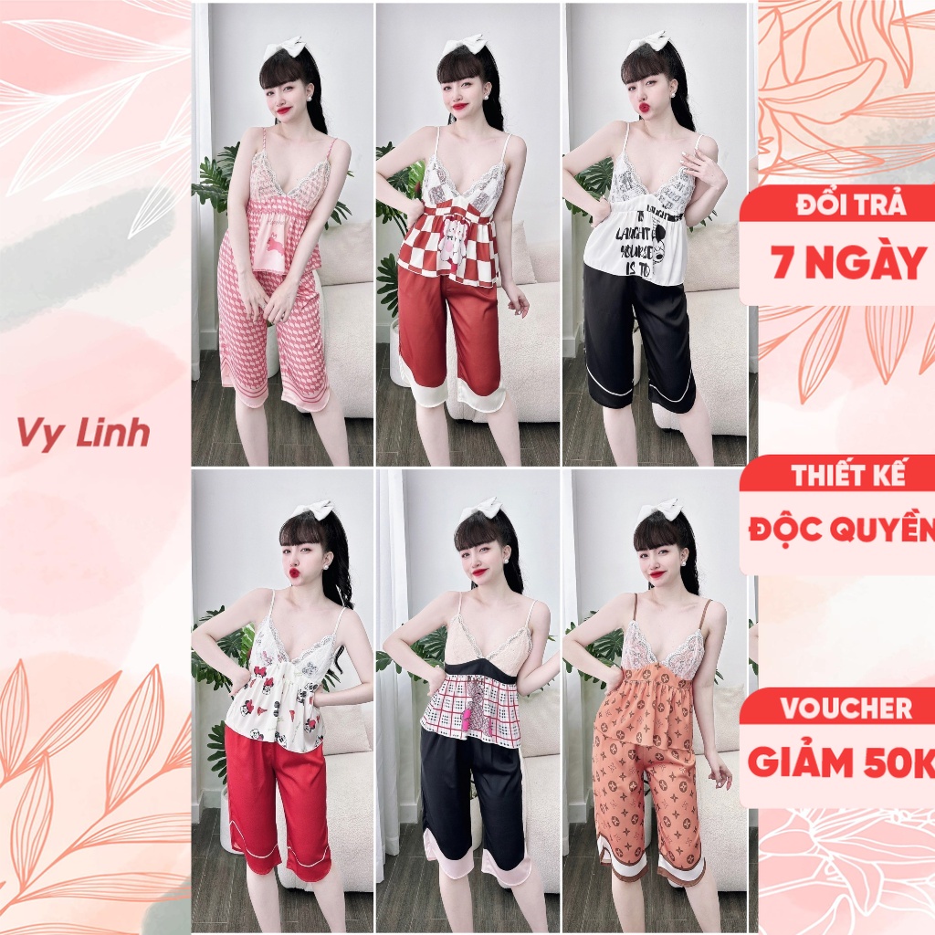 Bộ ngủ nữ sexy Vy Linh quần lửng chất liệu lụa latin phối ren kiểu dáng sexy thoáng mát, thấm hút mồ hôi tốt s955