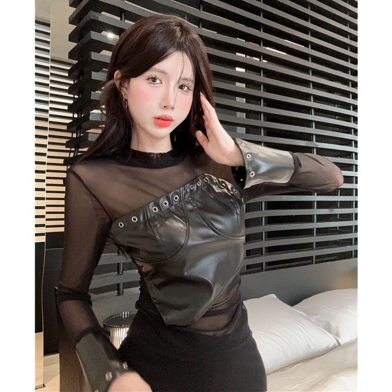 Áo Da pu Dài Tay Phối Lỗ Thời Trang Gợi Cảm Cho Nữ