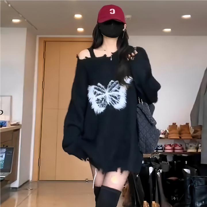 Áo sweater Trễ Vai Phối Nơ Xinh Xắn Theo Phong Cách Thu Đông Dành Cho Nữ