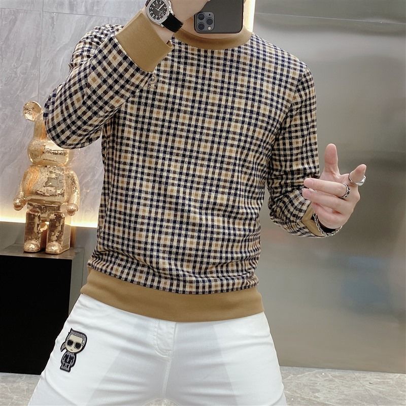 Áo Thun Dài Tay Họa Tiết Sọc Caro Phong Cách Hàn Quốc Thời Trang Thu Đông Mới Cho Nam