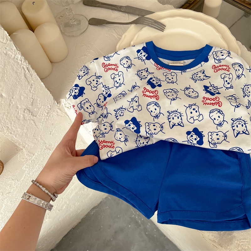 Bộ Áo Thun Ngắn Tay In Hoạt Hình + Quần short Thời Trang Mùa Hè Hàn Quốc Cho Bé