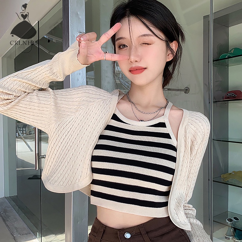 Crlnhc set Áo cardigan Dệt Kim Kẻ Sọc Dáng Ngắn + Quần short Thời Trang Cho Nữ vn
