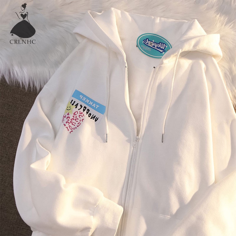 Áo Khoác Hoodie Tay Dài Dáng Rộng Có Khóa Kéo In Họa Tiết Thời Trang Mùa Thu Cho Nữ